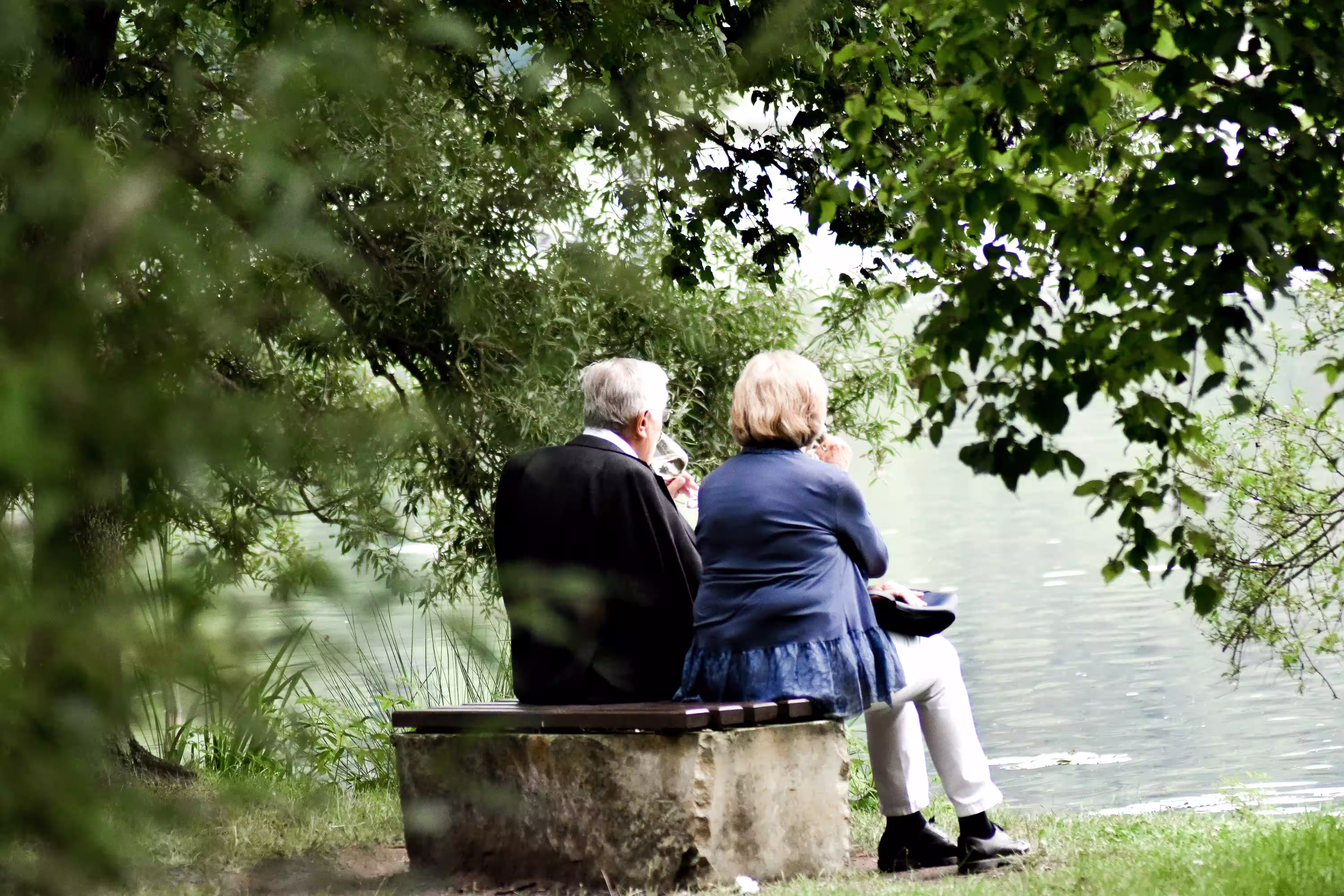 Ancianos sentados mirando un paisaje